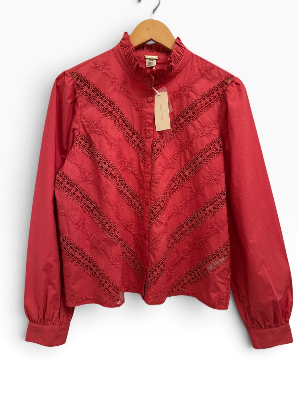 NWT Magaschoni Cotton Embroidered Stand Collar Button Front Blouse Medium